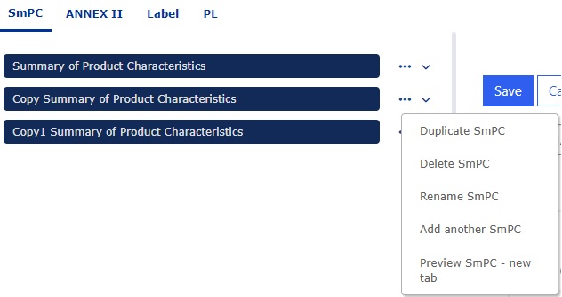 Screenshot of document name menu